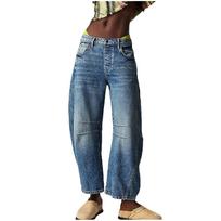 Women Baggy Mid Waist Jeans Wide Leg Loose Boyfriend Denim Pants Straight Leg Cropped Barrel Jeans XXL mėlyna