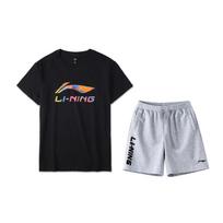 Li Ning Sportinės mados serijos logotipas raidės megztinis trumpomis rankovėmis marškinėliai vidutinio juosmens penkių taškų šortai laisvalaikio sportinis komplektas unisex komplektas AHSU835-1+AKSU747-2 L