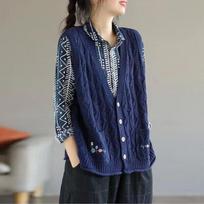 Spring and Autumn V-neck Knitted Vest Top Casual Retro Hollow Pocket Embroidered Sweater Vest for Women S mėlyna