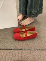 Simple and versatile bow with suede Mary Jane shoes, night breeze is not tired, soft-soled ballet single shoes for women 35 raudona
