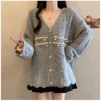 Women Sequin Decorated Solid Color Sweater Lazy Style Loose Fitting V-neck Knitted Sweaters Autumn Fashion Versatile LadySingle Breasted Top Coat M sidabro pilka spalva