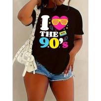 Europos dydis Moteriški marškinėliai su užrašu „I Love The 90's“ Laisvalaikio apvalia iškirpte trumpomis rankovėmis Viršutinė dalis Pavasario Vasaros drabužiai S juoda