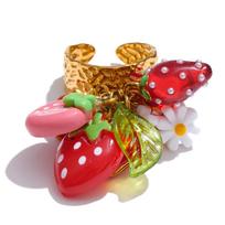 Yhpup Exclusive Design Strawberry Cherry Chilli Shell Resin Drop Open Adjustable Ring 18K Golden Stainless Steel Charm Jewelry resizable
