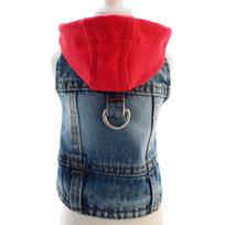 Cool Dog Jean Jacket Vest with D-Ring Hoodies for Small Medium Dogs, Spring Dog Clothes Puppy Denim Harness Coat for Walking red-L2
