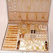 56pcs/Set Elegant Pearl Earrings Multi-Layered Necklace Ear Studs Rings 4-In-1 Jewelry Set for Women Daily Wear Gift (No Box)