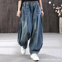 Women's Vintage Washed Denim Pants Loose Baggy Lantern Trousers Elastic High Waist Big Pockets Casual Jeans Blue M mėlyna
