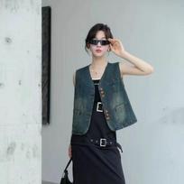 2025 Autumn Retro Distressed Women's Sleeveless Denim Vest - Layered Short Outerwear Top XXXL