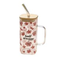Square Glass Cup with Bamboo Lid & Straw, 380ml Heat Resistant Glass Mug with Handle for Coffee Milk Juice, Leak Proof Iced Hot Drink Tumbler for Cherry Blossom