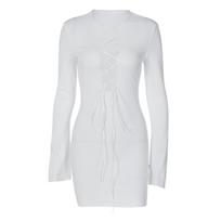Ribbed Solid Long Flare Sleeves Hollow Out Bodycon Mini Prom Dress Fall Elegant Sexy Night Party Club Y2K Clothes M balta
