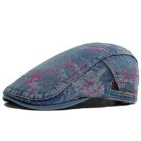 Fashion Print Washed Cotton Denim Beret for Women Spring/Summer Casual Forward-Flap Sun Hat adjustable【55-59cm】 mėlyna