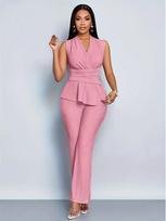 Elegant V-Neck Sleeveless T-Shirt & Wide-Leg Pants Set for Women - Spring/Summer Collection Large rožinė