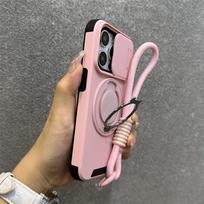Nauji Armor magnetiniai laikiklio dėklai iPhone 16 14 13 12 11 15 Pro Max Plus su raišteliu, slankiojančia kameros apsauga, smūgiams atsparus dangtelis For iPhone 16&Case & Strap rožinė