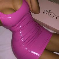 Women's Crew Neck Sleeveless Mini Dress Bodycon High Waist Sexy Solid PU Leather Club Party Short Dress S rožinė