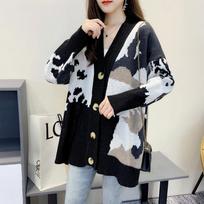 Fashion Loose Knitted Cardigan Printed Sweater Women's 2025 New V Neck Long Sleeve Casual Office Simple Spring and Autumn Coat Outside Clothing one size juoda