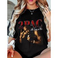 Moteriški didelio dydžio 2Pac grafinio spaudinio marškinėliai „Visos akys į mane“ tekstas Tampri medžiaga Apvali apykaklė Trumpas rankovės Pavasaris Vasara Skalbiami mašinoje Juodi M juoda