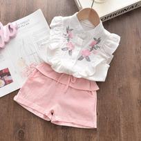 Popular Children's Clothing Girls' Embroidered Sleeveless Shirt Shorts Two-piece Suit Summer 3Y100 balta