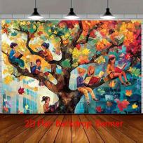 Skaitymo švietimo plakatas su vaikais spalvingame rudens medyje, knygomis ir miesto fonu 47.2x31.5inch/120*80cm orange