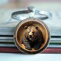 Glass Alloy Keychain with 3D Bear Carving Pendant Durable Metal Ring and Detailed Design for Everyday Use and Gift Purposes One Size