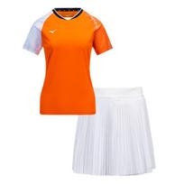 Mizuno Round Neck Printed Short Sleeve T-Shirt Solid Color Pleated Skirt Set Women Sets Orange White 72CG45P151 2XL