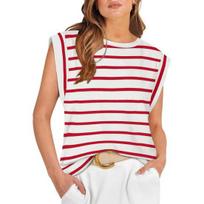 Moteriški vasariniai marškinėliai be rankovių dryžuoti spalvų bloko puloveriai marškinėliai apvalia iškirpte raglano trumpomis rankovėmis laisvo kirpimo gatvės stiliaus XL raudona