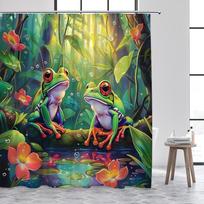 Forest Frog Shower Curtains Funny Animals Jungle Floral Green Plants Rustic Scenery Bath Curtain Polyester Fabric Bathroom Decor W60H190(CM)-1 Pcs