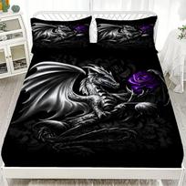 Black Dragon Purple Flower 3D Print Fitted Sheet Set 100% Polyester Mattress Covers Breathable Bedding Set With 2 Pillowcases Queen152x203x25cm