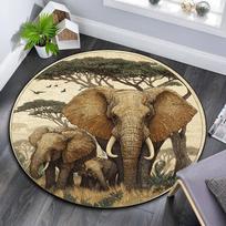 African Elephants Round Area Rug,Carpet Rug for Living Room Bedroom Sofa Playroom Decor,Non-slip Floor Mat 80cmx80cm