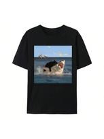Cat Bites Shark Fun Art And Cat Lovers Fun Cat And Shark Print Tops Shirts Plain Tops Hip Hop T-Shirts Wounisex Clothing Fashion S įvairiaspalvis