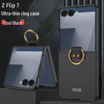 Samsung Galaxy Z Flip7 Case: Solid Color, Large Window, Ring Buckle, Folding Screen Protection for Men & Women. SM-Flip7 šalta juoda spalva