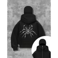 Women's Fashion Spider Print Mask Double Collar Zipper Sweatshirt Simple Hoodie XXXL black