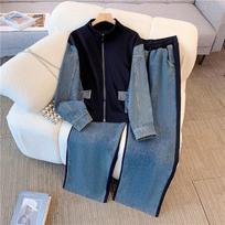 Women's Spring/Fall Set Students Denim Jacket + Wide-Leg Pants Patchwork Two-Piece Set M chaki
