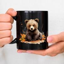Ceramic mug, black bear cub, autumn leaf design, suitable for coffee, tea and daily use juoda