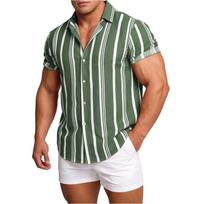 Men's Casual Striped Print Short Sleeve Shirt Lightweight Breathable Button Down Collared Shirt for Vacation and XXL