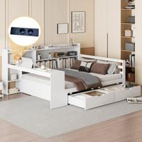 Sulankstoma medinė sofa-lova 140x200 cm, stalas, lentynos, įmontuota elektros lizdas, balta