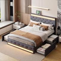 Dvigulė lova 180 x 200 cm, apmušta lova su LED apšvietimu, USB jungtimi ir 4 stalčiais, paaugliams ir suaugusiems, pilka patalynė, čiužinys neįskaičiuotas