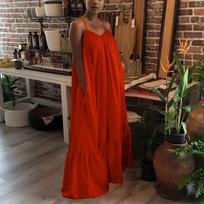 Women Fashion Casual Strap Dress Pocket Loose Backless Big Swing Dress S raudona