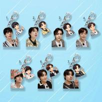7pcs BTS Casual Outfit Photo&Cartoon Double Charm Acrylic Keychain,Bangtan Boys Real Photo+Matching Cartoon Figure Keyring, Kpop ARMY Fans Bag Pendant 7pcs
