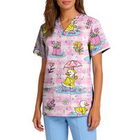 Women Men Unisex V Neck Scrub Top with Dog Print Short Sleeve Lightweight Uniform for Professionals M rožinė