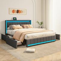 Lova 160 × 200 cm, su LED apšvietimu ir USB jungtimi, dvigulė lova, keturi metaliniai stalčiai, pilka, lininis audinys