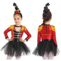 Vaikų Mergaičių Karnavalo Šventė Cirko Vedėjas Kostiumas Ilgomis Rankovėmis Blizgučių Suknelė su Mini Cilindru Šokio Apranga 5-6 Years raudona