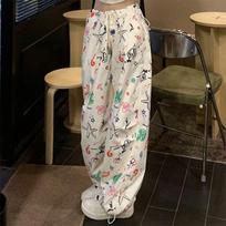 Women's Loose-fit Wide-leg  Pants American Styley2k Cartoon Graffiti Cargo Trousers Fashionable Streetwear Casual Pant XXL balta