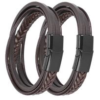 2Pcs Casual PU Leather Bracelet Woven Magnet Clasp Vintage Fashion Craft DecorationBrown Leather Black Buckle