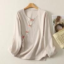 Women's Purple Linen Wrap Blouse V-Neck Frog Button Long Sleeve Loose Casual Top L smėlis