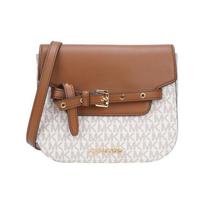 Michael Kors Mk Emilia Classic Monogram Leather Saddle Bag Women Shoulder Bag Dark-Brown White 35S2GU5C1B-VANILLA Small
