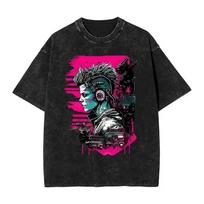 Cyber Punk washed T shirt mens fun game Y2K funny casual T-shirts summer crew neck tees print oversized tops S