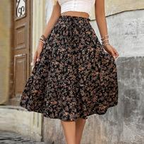 Women's Fashion Pleated Floral Print Elastic Waist Loose Lace Skirt L juoda