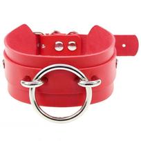 Adjustable O Rings PU Leather Choker Necklace Fashion Accessory for Street Dance and Style Enhancement raudona