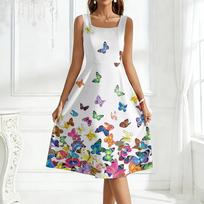 Sleeveless Square Neck Midi Dress with Leaf Pattern Print A Line Fit Lightweight Fabric for Women Casual Wear S