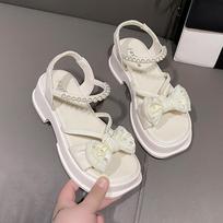 High-heeled sandals women's 2025 new summer bow fairy wind platform pearl one-word belt fashion Roman women's shoes 35 smėlis