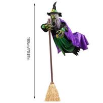 Halloween Flying Witch on Broom Decor w/ Luminous Eye 180cm Animatronic Flying Witch Outdoor Hovering Witch Halloween Party Prop